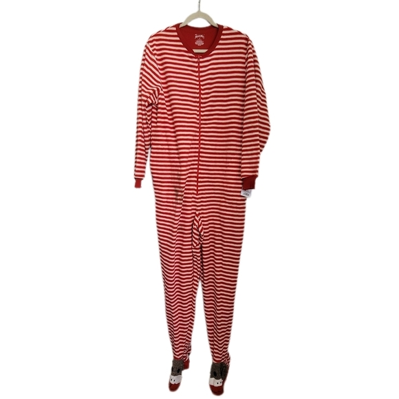 Nick & Nora Other - Nick & Nora Adult Footsie Pajama XL Red Stripe Zip Sock Monkey Long Sleeve